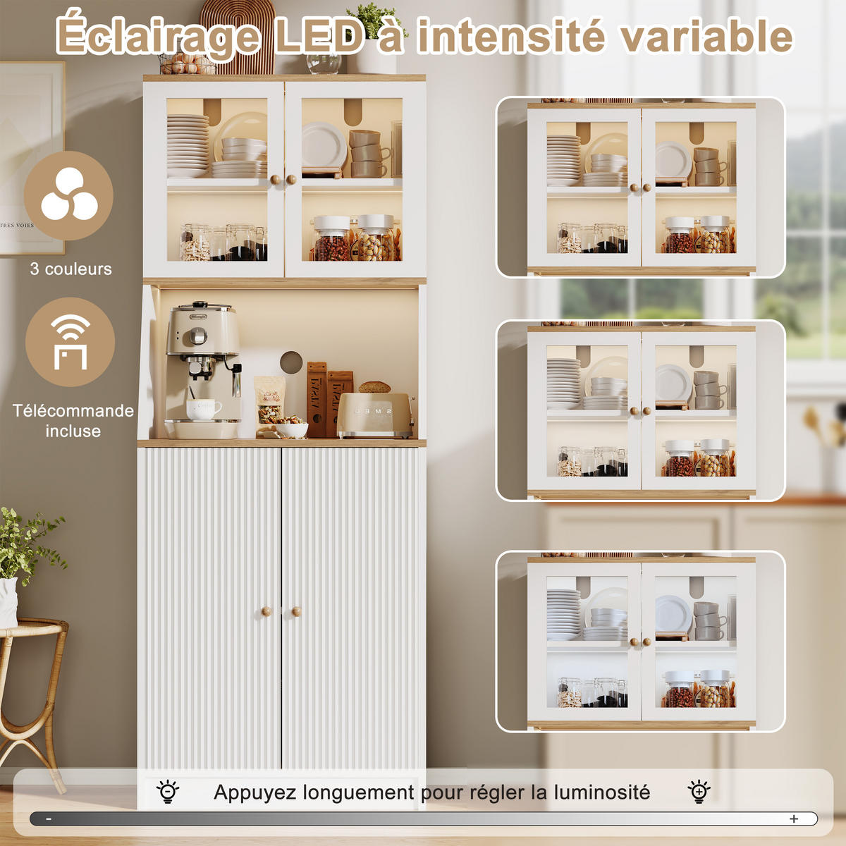 BUFFET hoch 40x70x180 cm LED Arbeitsplatte Stauraum weiß - Weiß, Holz (70/180/40cm) - LEBENLANG