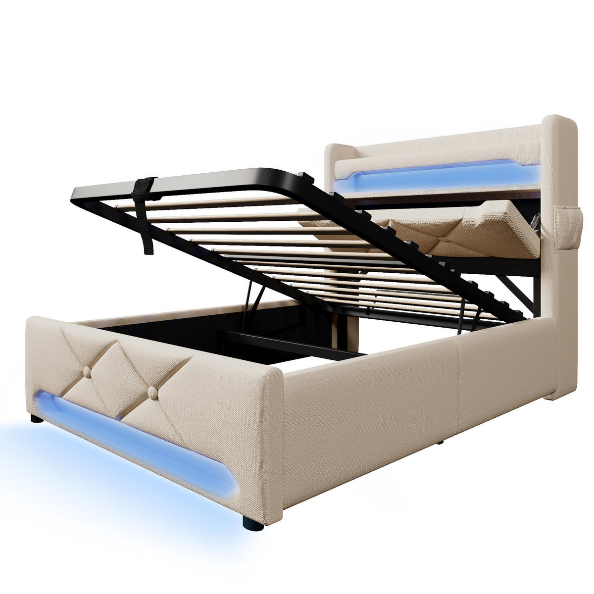 POLSTERBETT 90/200 cm beige Stauraum mit USB-Anschluss und LED-Beleuchtung - Beige, Textil (90/200cm) - OKWISH