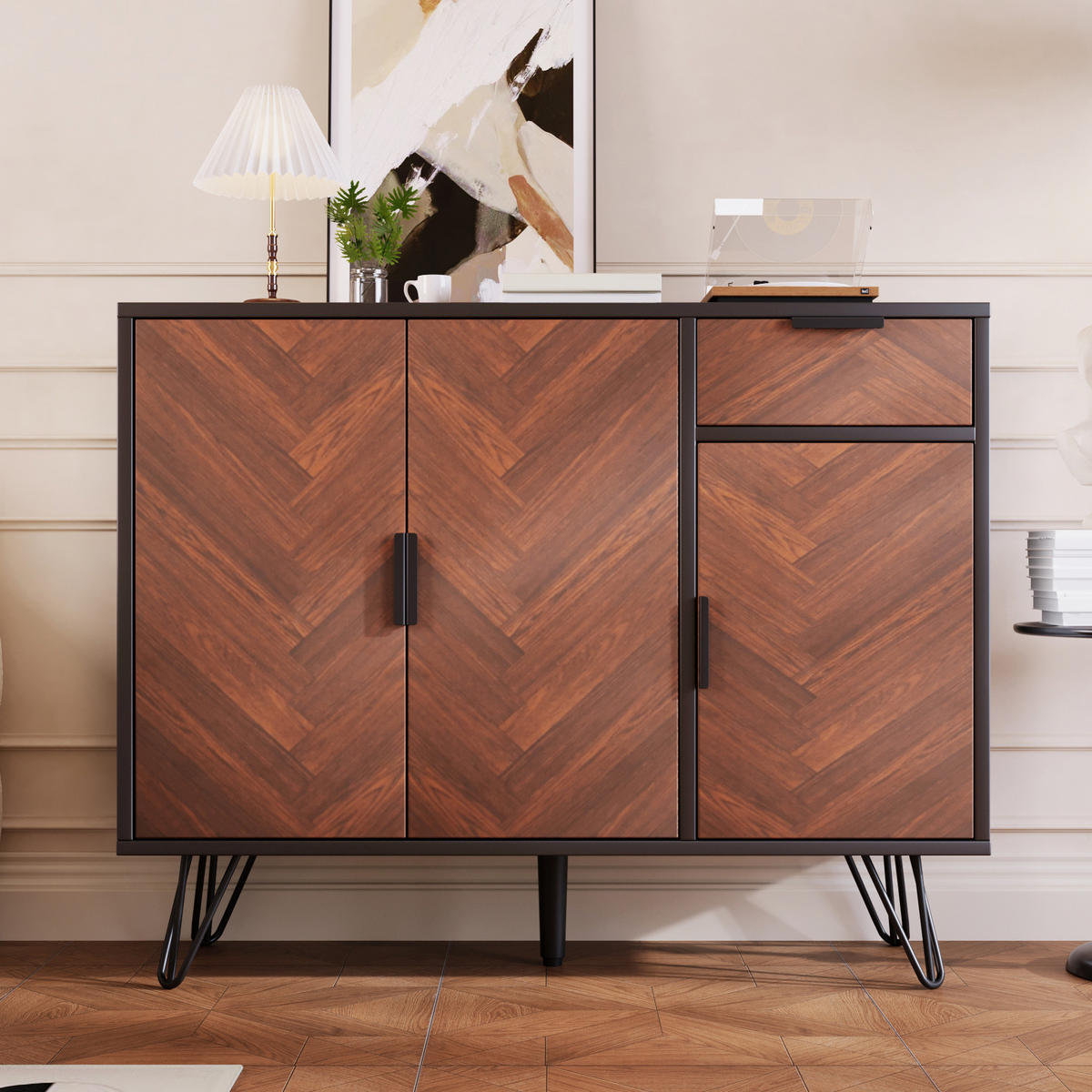 SIDEBOARD 90/30/71,5 cm in Schwarz und Holzoptik mit 3 Türen und Schublade - Naturfarben, Holzwerkstoff (90/71.5/30cm) - Flora Grace