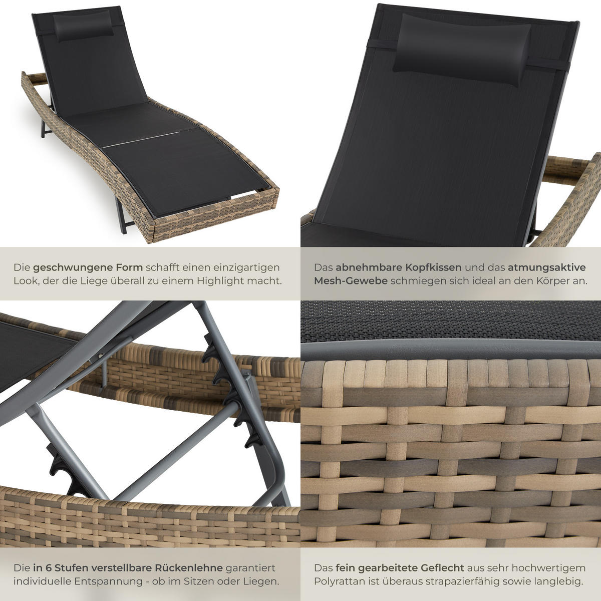 RATTAN-SONNENLIEGE Moana,69 x 211 x 41 - 94 cm,natur - Naturfarben, Kunststoff (69/94/211cm) - tectake
