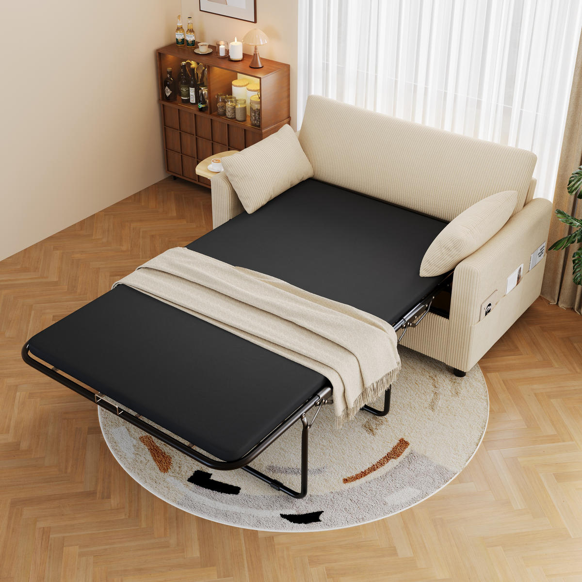 SCHLAFSOFA 134/82/84 cm Beige mit USB‑Ladeanschluss, klappbarem Seitentisch, Matratze, 2 Bettlaken und 2 Kissen - Beige, Textil (134/84/82cm) - Oxeza