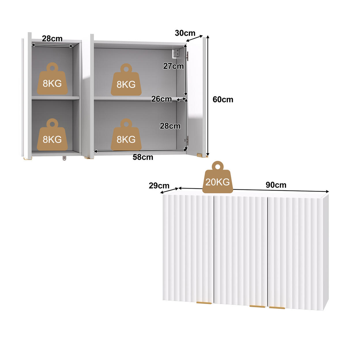 HÄNGESCHRANK DE-38748 90/29/60 cm 3 Türen und Wellenstruktur Weiß - Weiß, Holzwerkstoff (90/60/29cm) - ComfortXL
