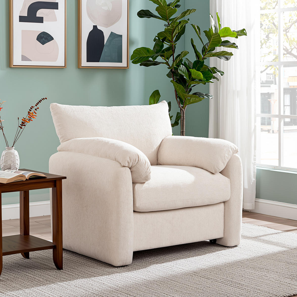 KŘESLO žinylka béžové 96 cm lounge křeslo s područkami a širokým sedákem pro obývací pokoj - béžová, textil (96/84/82cm) - Urban Meuble