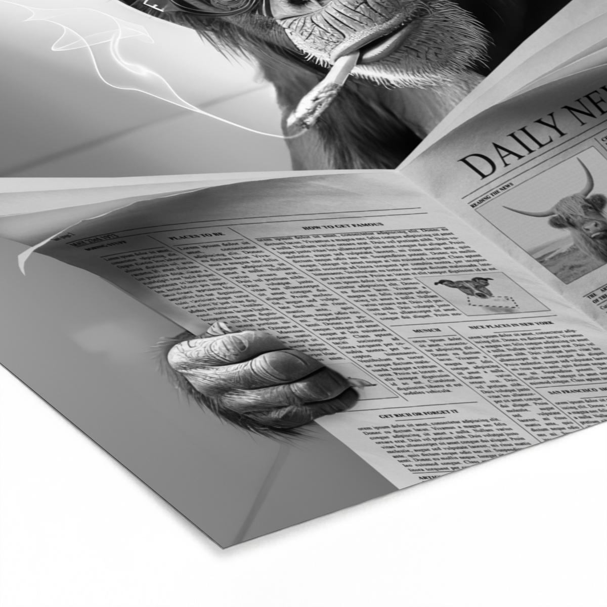 POSTER MIT RAHMEN Affe - WC - Zeitung - Schwarz-Weiß - Humor 80x60 cm - Hellgrau, Papier (80/60cm) - MuchoWow