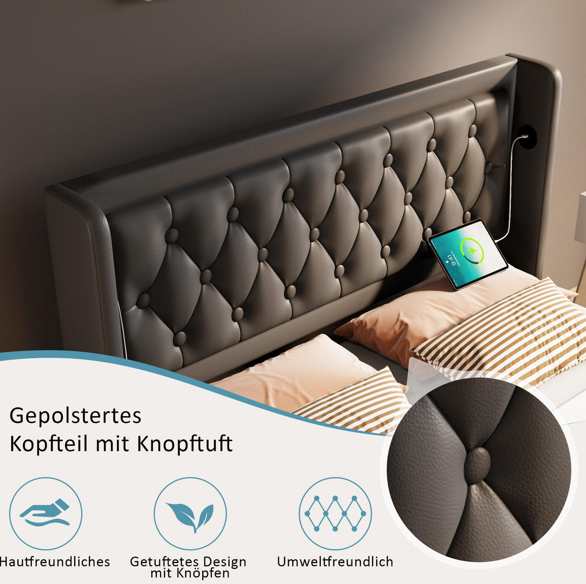 POLSTERBETT mit LED-Beleuchtung 180/200 cm in Schwarz mit Bettkasten & USB-C - Schwarz, Kunststoff (180/200cm) - BEAOK