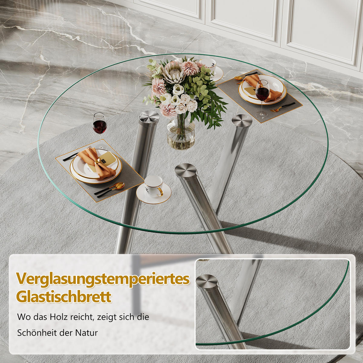 ESSTISCH Transparent/Silberfarben 89/89/76 cm - Silberfarben, Holz (89/89/76cm) - PANGIVO