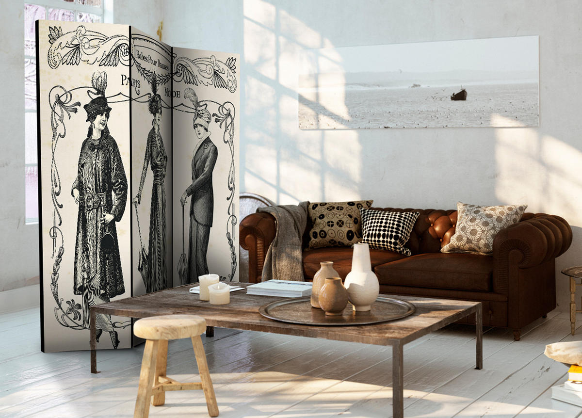 PARAVENT Einseitig Bedruckter 3-tlg 135x172 cm Pariser Retro-Mode - Grau, Holz/Textil (135/172/3cm) - Muralo