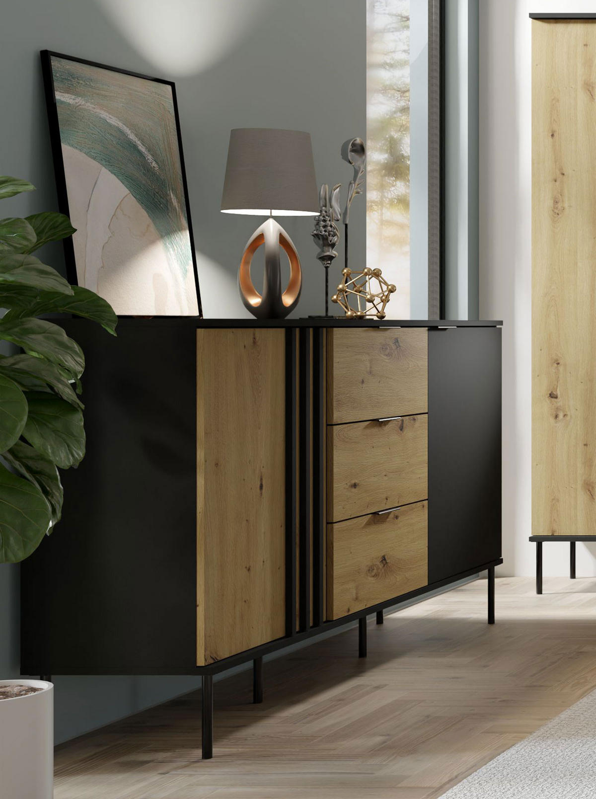 SIDEBOARD Rodgau Eiche Artisan / Schwarz 165 / 40 / 92cm - Eichefarben/Multicolor, Holz/Holzwerkstoff (165/92/40cm) - Feldmann-Wohnen