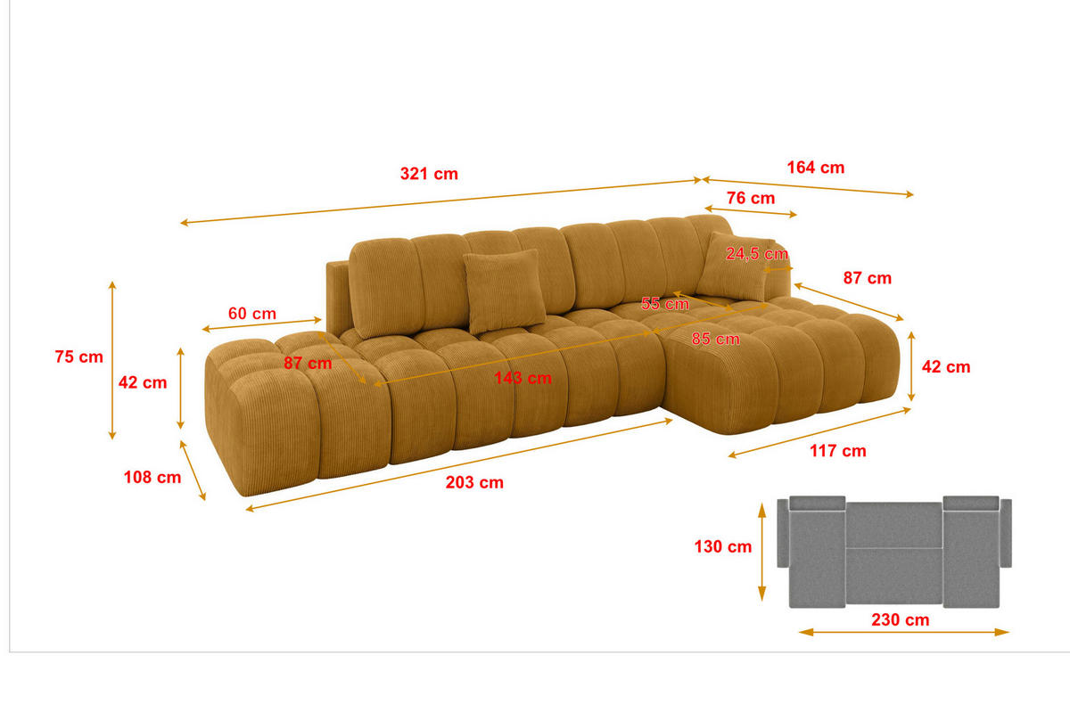 ECKSOFA mit Schlaffunktion Ottomane RECHTS OLEA-L2 321x164x75 Senfgelb Cord - Schwarz/Honig, Holzwerkstoff/Kunststoff (164/321cm) - ALTDECOR