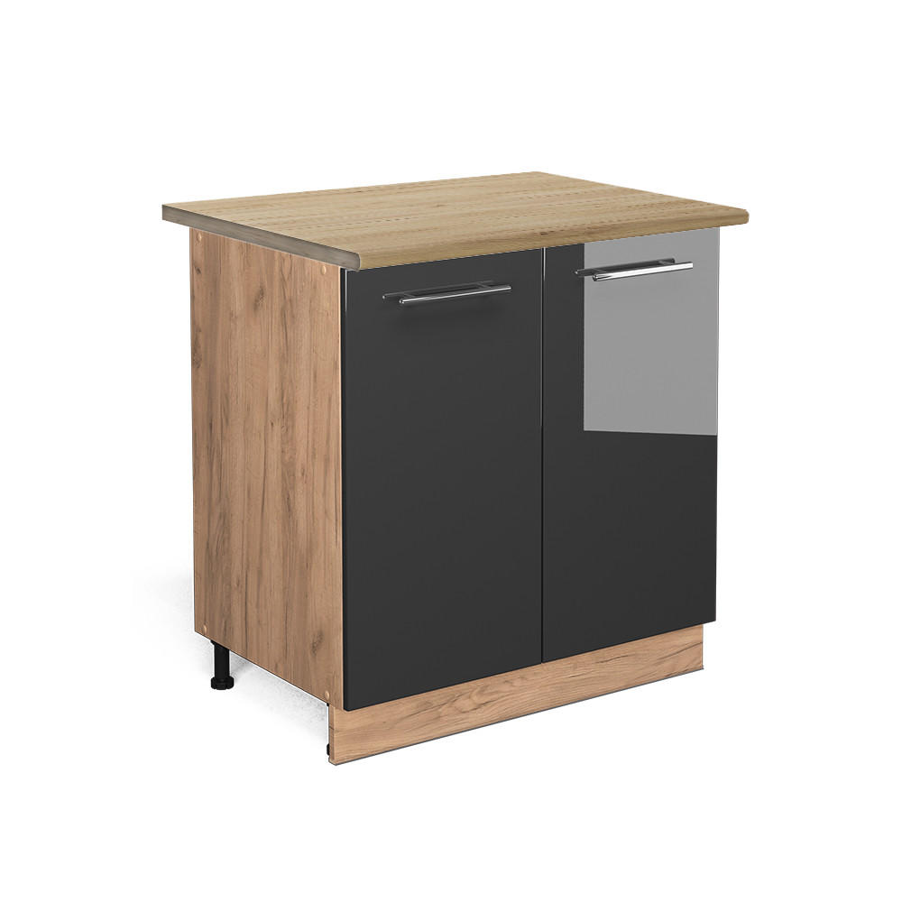 KÜCHENUNTERSCHRANK Fame-Line Anthrazit Hochglanz 80 cm mit Regal, AP Eiche - Honigeiche/Schwarz Hochglanz, Holzwerkstoff (80/82/60cm) - Vicco