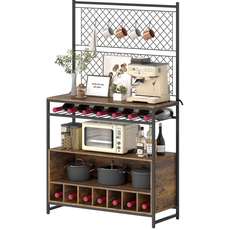 BUFFET aus Holz und Metall 96,5/38/165 cm Braun-Schwarz mit Arbeitsfläche, Weinregal und 5 Haken - Braun, Holzwerkstoff (96.5/165/38cm) - Modfu