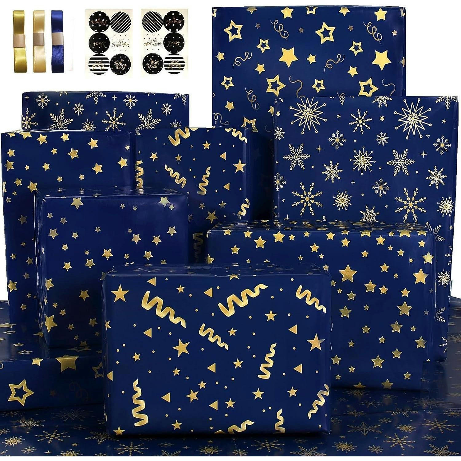 GESCHENKPAPIER Set Dunkelblau Gold 5 Bögen - Dunkelblau, Papier (15/0.6/20cm)