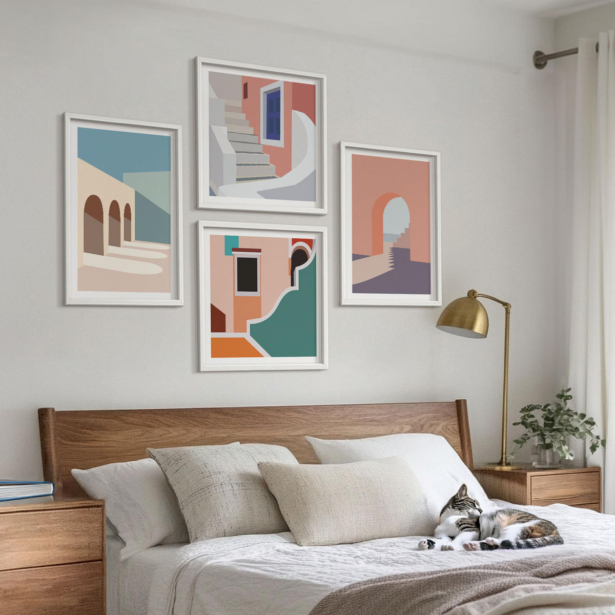 BILDER SET 4er Set - 50x50 cm & 40x60 cm Weißer Rahmen - Minimalistische Pastellgrafiken - Weiß, Kunststoff (50/50cm) - TULUP