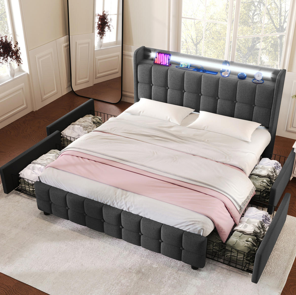 POLSTERBETT 160/200 cm mit LED-Beleuchtung, USB-Anschlüssen, Steckdosen und 4 Schubladen, Grau - Grau, Holz (160/160cm) - Redom