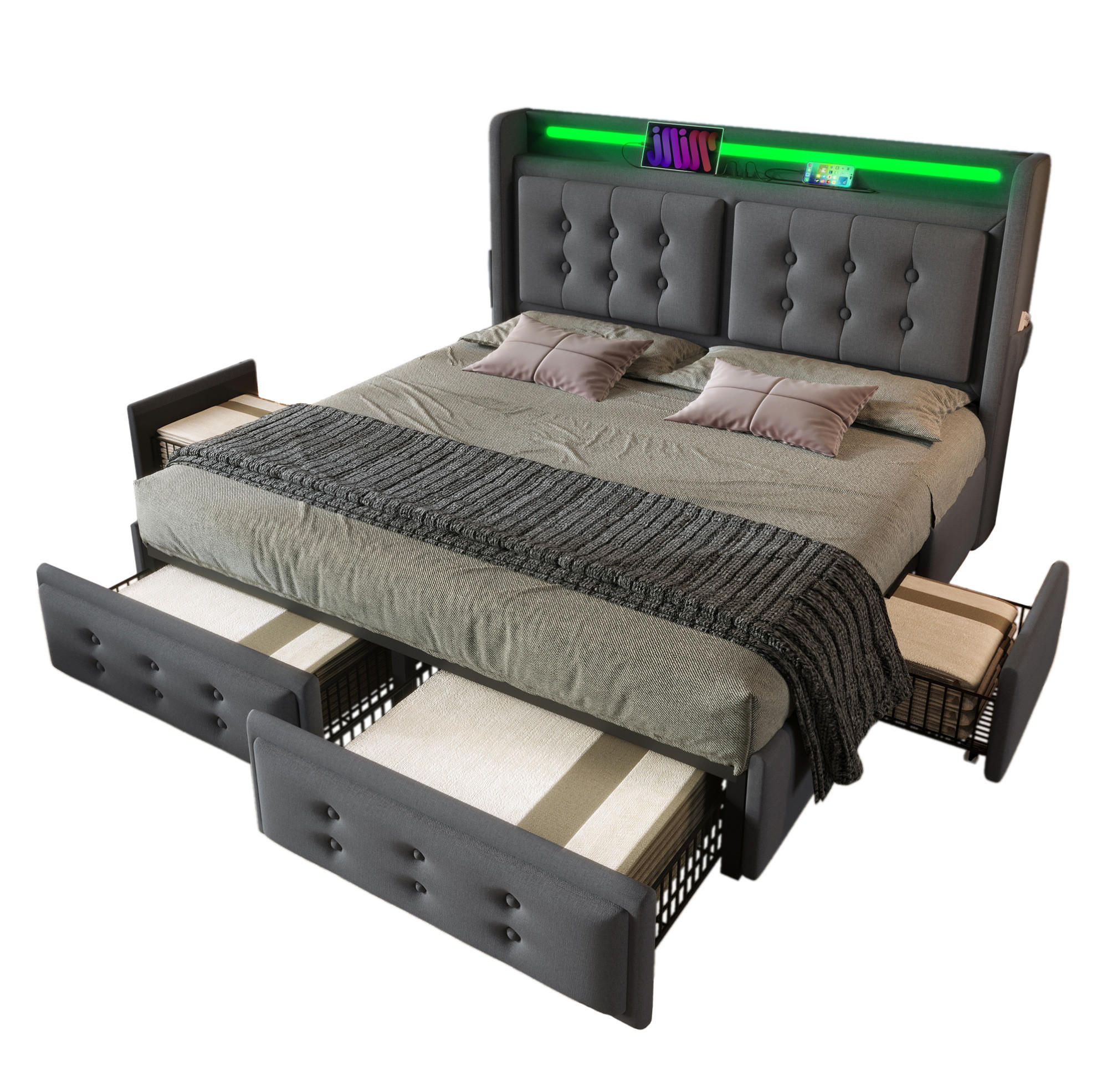 ČALÚNENÁ posteľ 148/220/106 cm sivá, čalúnená s LED a USB-C, so 4 zásuvkami - sivá, textil (140/200cm) - BEAOK