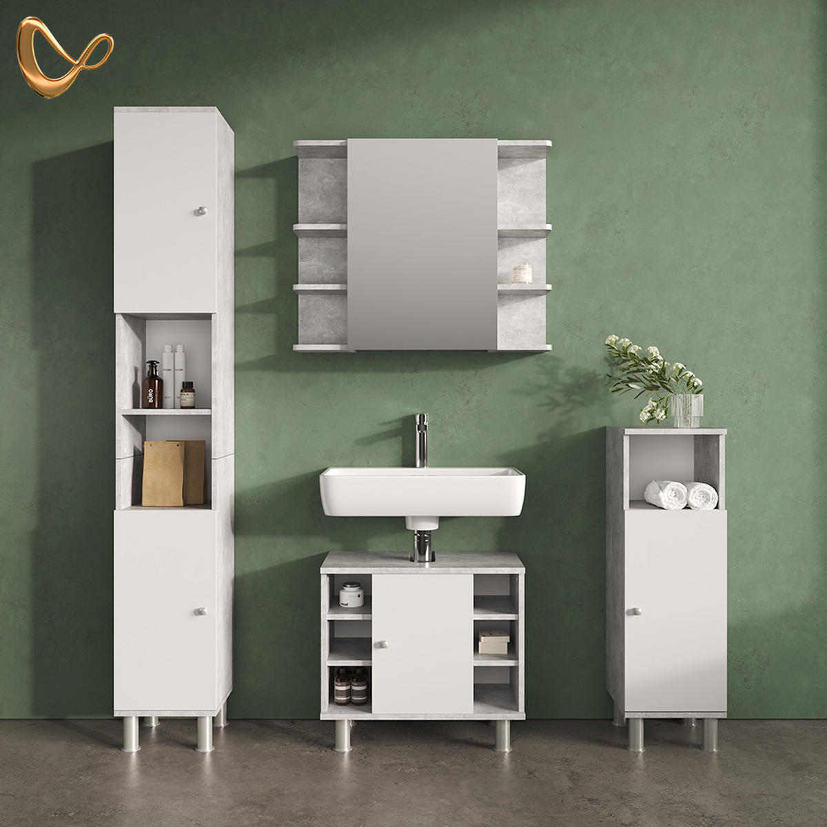 BADMÖBEL-SET Fucino Beton 4 Teile - Weiß/Grau, Holzwerkstoff (60/54/32cm) - Livinity®
