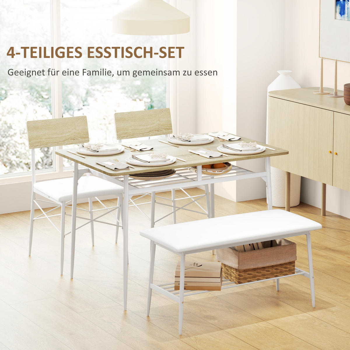 ESSGRUPPE 4er-Set, Esstisch mit Bank und 2 Stühlen, Küchentisch-Set mit Ablage - Eichefarben/Weiß, Kunststoff/Metall (70/75/110cm) - HOMCOM