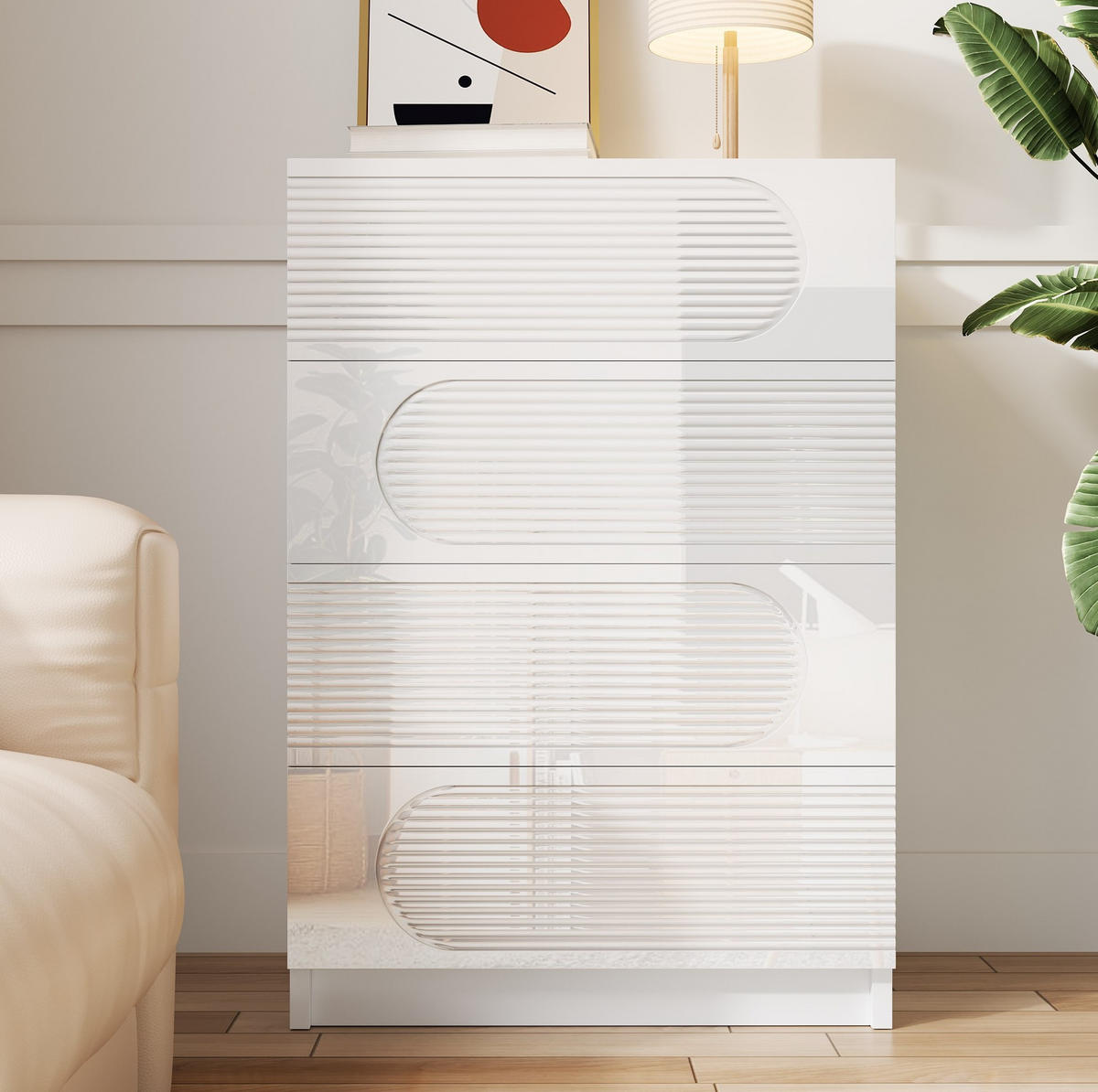 KOMMODE 60/38,5/85 cm mit 4 Schubladen – weiss, Hochglanz-Fronten - Weiß, Holzwerkstoff (60/85/38.5cm) - BEAOK