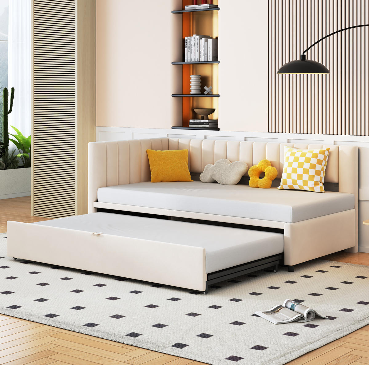 RAZTEGLJIV kavč iz žameta 90x200 cm bež z izvlečno posteljo, oblazinjen naslon za otroke in goste - bež, tekstil (90/200cm) - Modfu