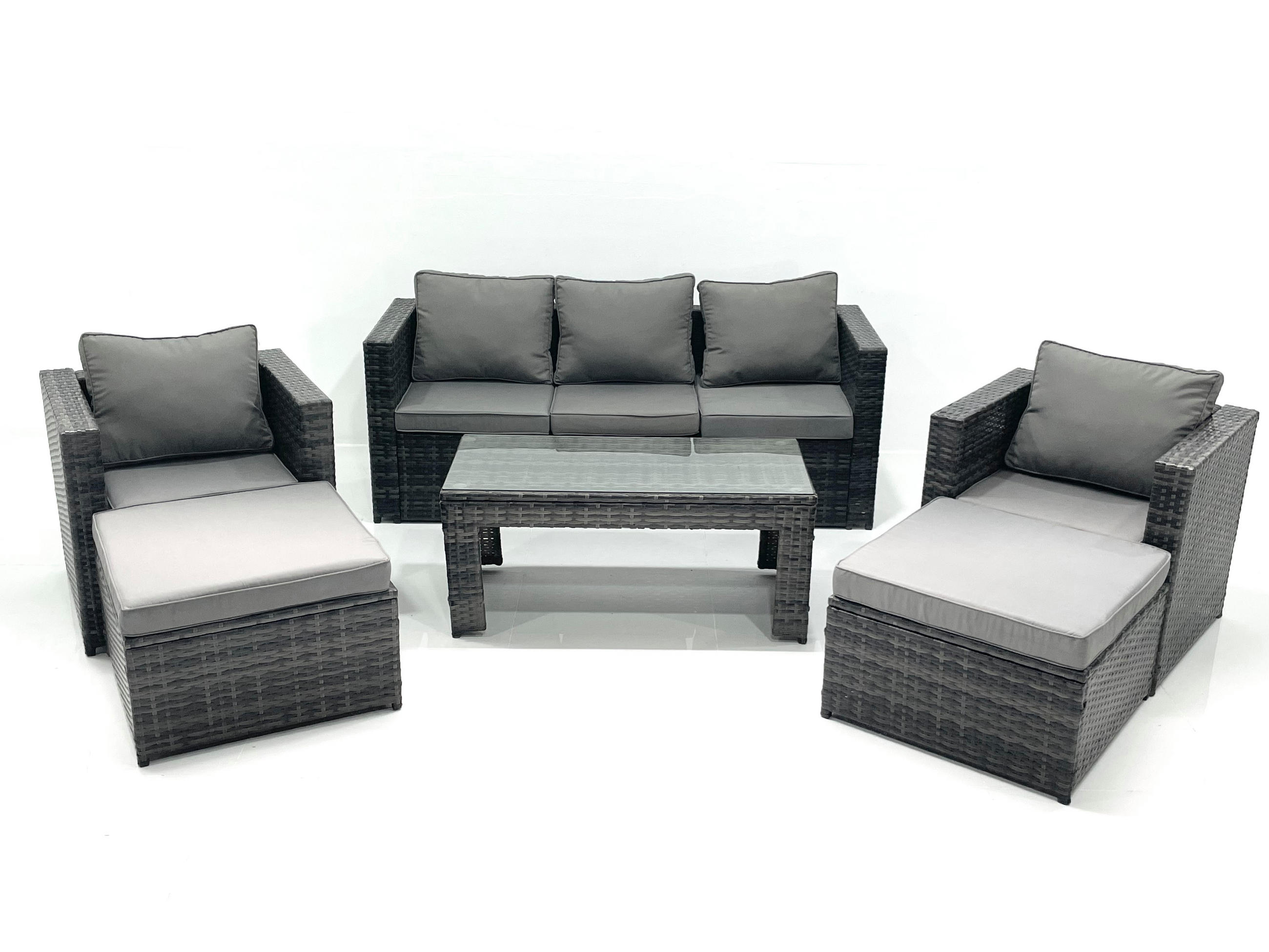 GARTENMÖBEL-SET COUCHTISCH SESSEL SOFA mit HOCKER Polyrattan Dunkelgrau Gemischt 7-Sitzer - Dunkelgrau/Grau, Glas/Kunststoff - Fimous