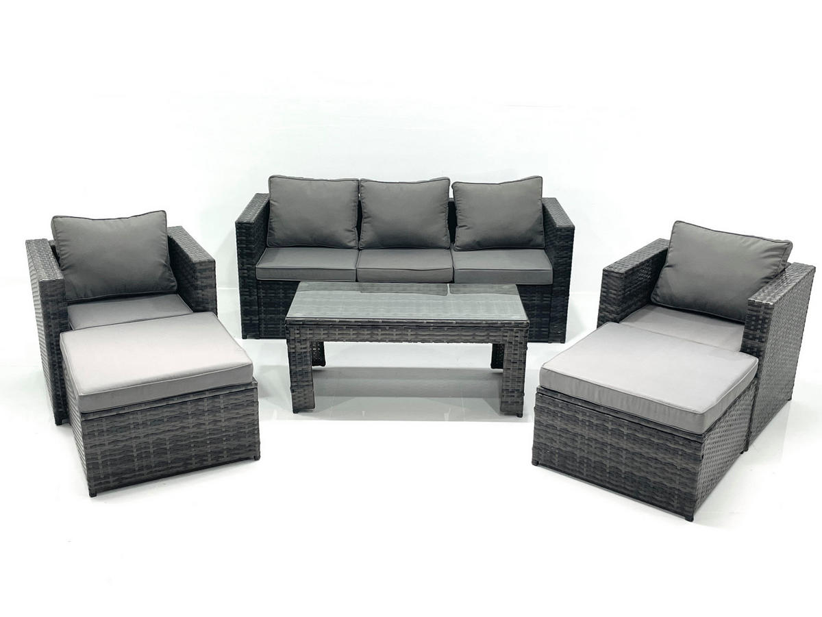 GARTENMÖBEL-SET COUCHTISCH SESSEL SOFA mit HOCKER Polyrattan Dunkelgrau Gemischt 7-Sitzer - Dunkelgrau/Grau, Glas/Kunststoff - Fimous