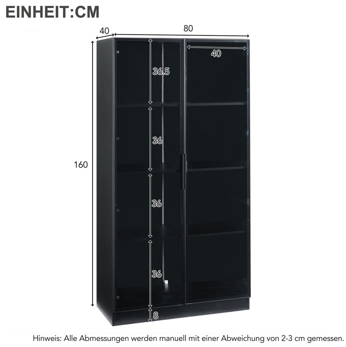 VITRINE aus Spanplatte mit Glastüren und App-LED, 80/40/160 cm, schwarz - Schwarz, Holzwerkstoff (40/160/80cm) - Redom