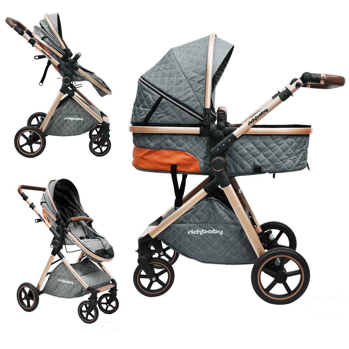 BUGGY Kombikinderwagen 2-in-1 klappbar mit wendbarem Sitz und All-Terrain Federung - Grau, Metall (80/62/106cm) - Raelunyi