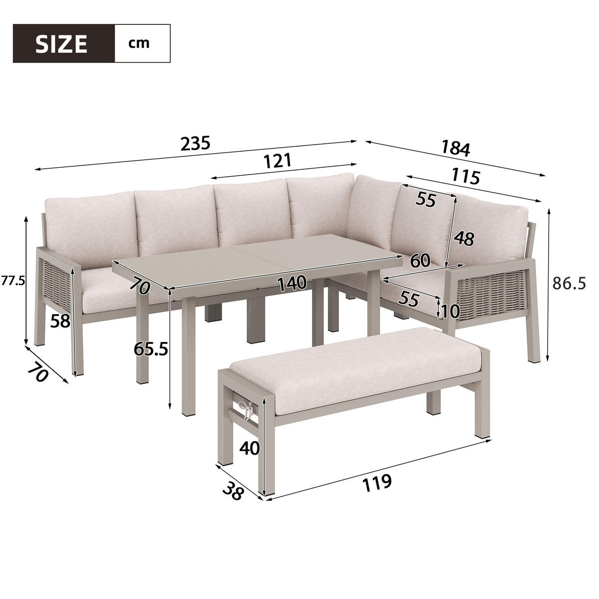 GARTEN-ESSGRUPPE 8 Personen Eckstellung Glastisch Khaki - Hellbraun, Textil - FLIEKS