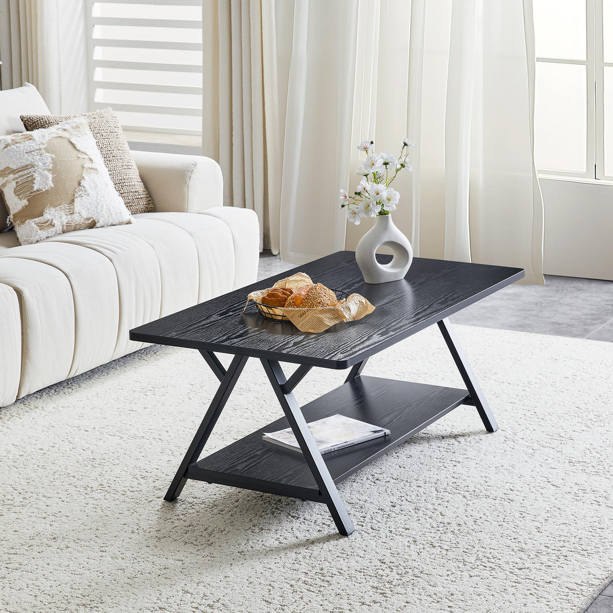 COUCHTISCH 110/57/44,5 cm schwarz aus MDF mit Ablage und Metallgestell - Schwarz, Holzwerkstoff (110/57/44.5cm) - OKWISH