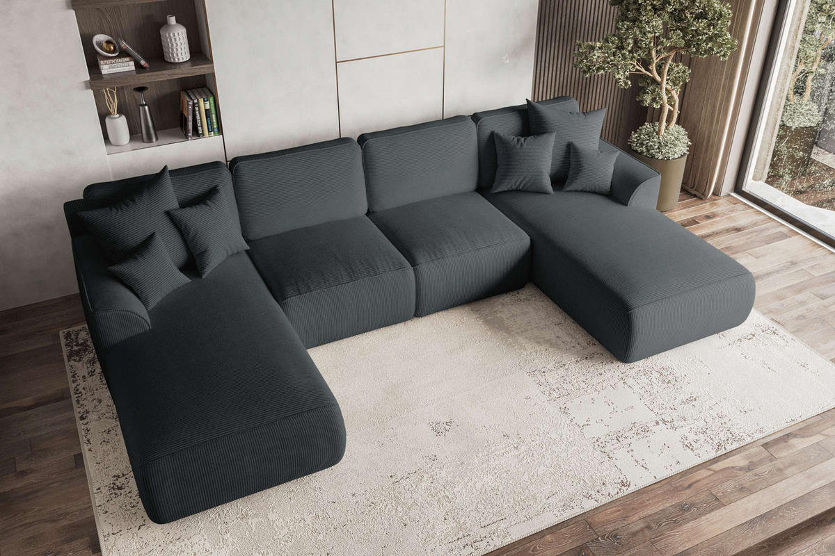 WOHNLANDSCHAFT GUSTO Cordstoff Graphitfarben inkl. Schlaffunktion - Chromfarben/Graphitfarben, Kunststoff/Textil (306/96/194cm) - 99rooms