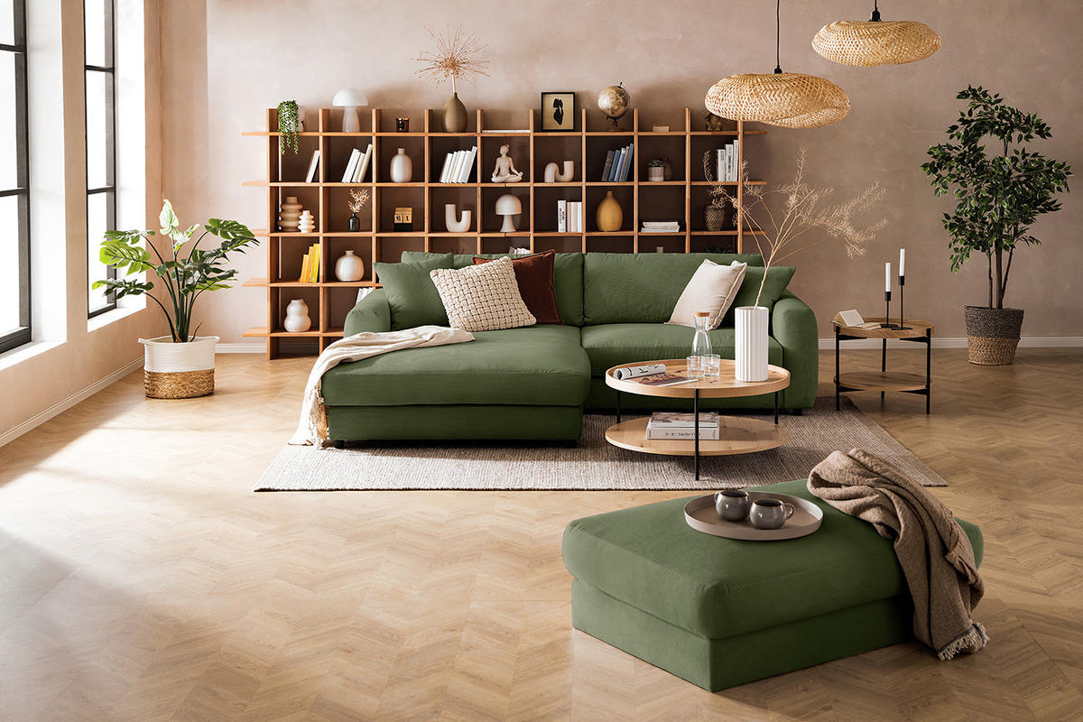 ECKSOFA mit Longchair - Schwarz/Grün, Holz/Kunststoff (238/183cm) - home24