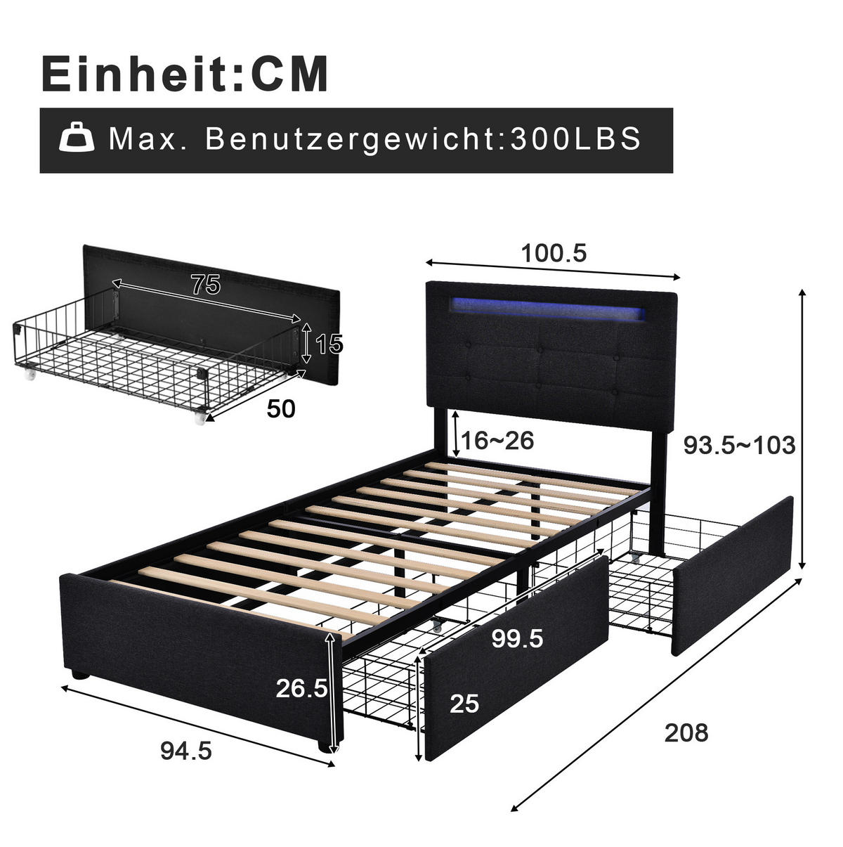 TAPECIRANI krevet 90/200 cm crni od lana s LED uzglavljem, madracem i 2 ladice - crna, tekstil (90/200cm) - OKWISH