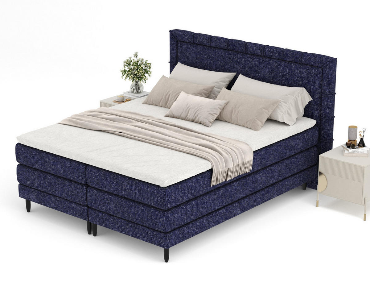 BOXSPRINGBETT Rimini Marineblau 200/200 cm mit Matratze und Topper - Schwarz/Dunkelblau, Holz/Holzwerkstoff (200/200cm) - Maison de Reve