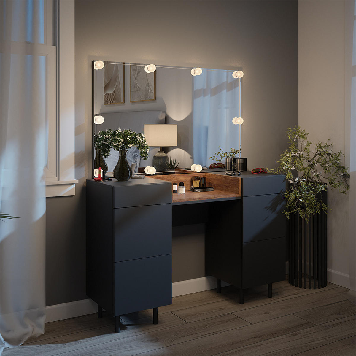 SCHMINKTISCH Anika Anthrazit 120 cm mit LED Beleuchtung - Anthrazit/Walnussfarben, Holzwerkstoff (120/80/40cm) - Vicco