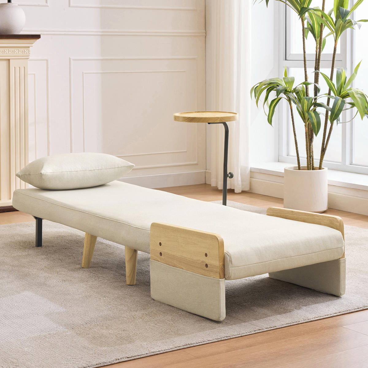 UMBAUSESSEL Leinen 3-in-1 mit 360 Grad Holztablett und verstellbarer Rückenlehne 88/74,5/66 cm Beige - Beige, Textil (88/74.5/66cm) - Redom