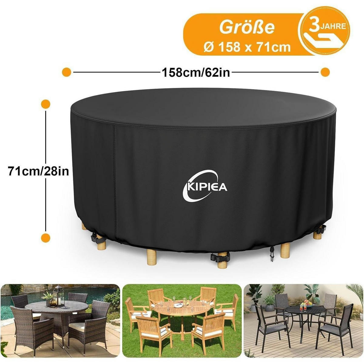 GARTENTISCH Abdeckung Rund Winterfest 158 cm - Schwarz, Textil (158/71/158cm)