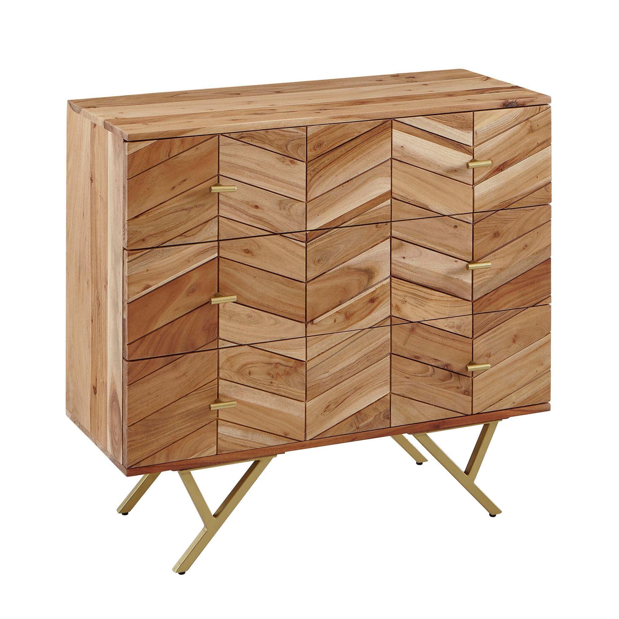 SIDEBOARD – Akazie Massivholz/Metall, 90x86,5x40 cm, 3 Schubladen - Goldfarben/Braun, Holz/Metall (40/86/90cm) - KADIMA DESIGN