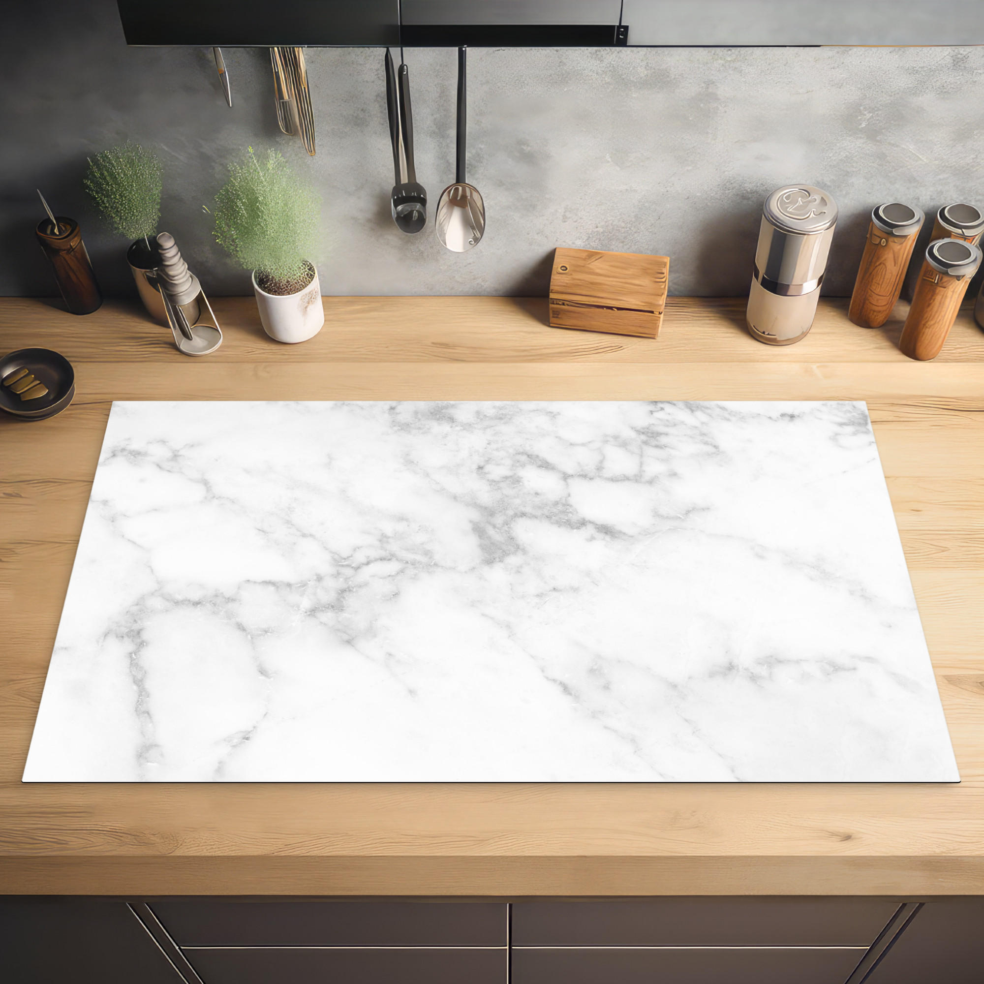 HERDABDECKPLATTE Marmor - Grau - Weiß - Strukturierter Marmor 90x52 cm - Weiß, Kunststoff (90/0.2/52cm) - MuchoWow