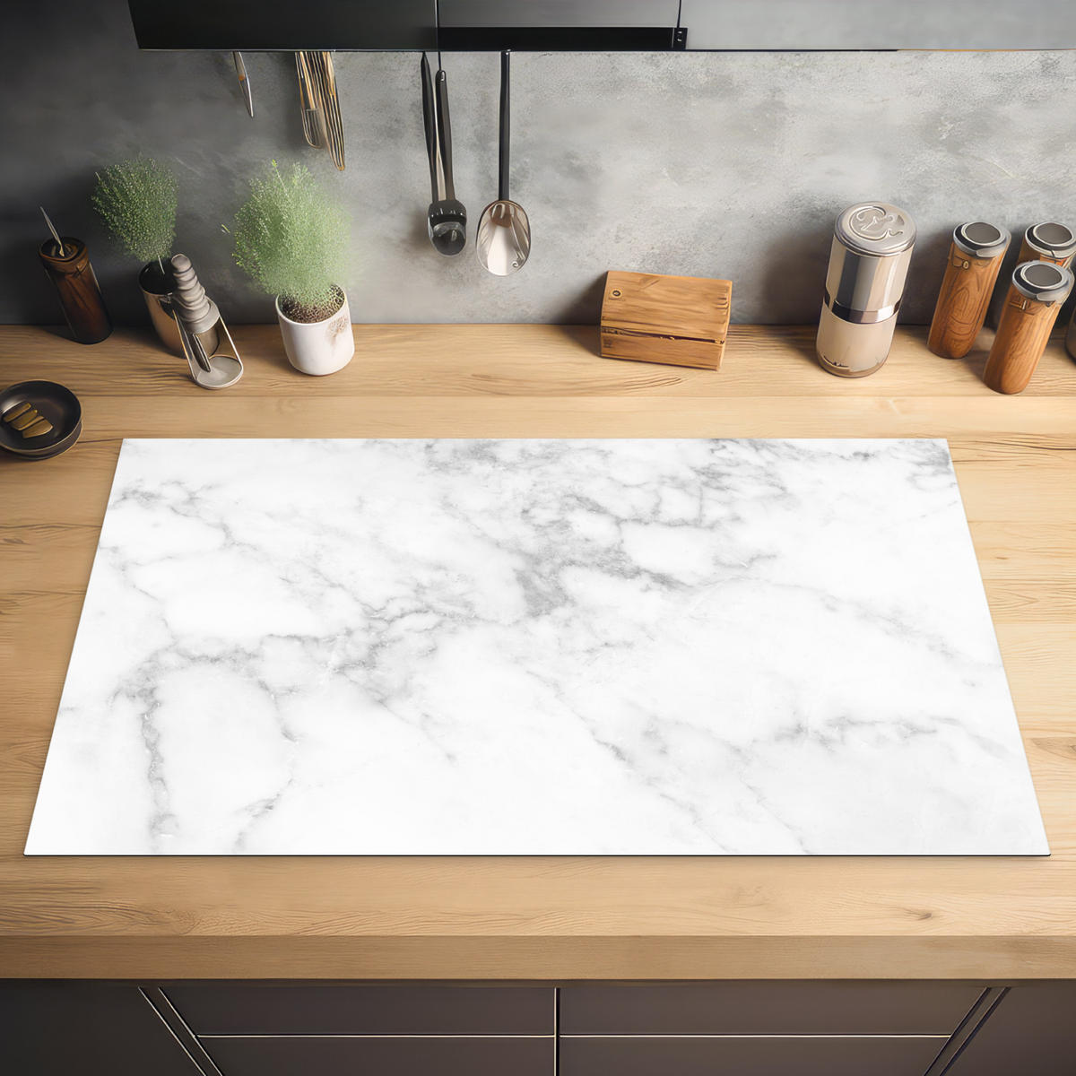 HERDABDECKPLATTE Marmor - Grau - Weiß - Strukturierter Marmor 90x52 cm - Weiß, Kunststoff (90/0.2/52cm) - MuchoWow