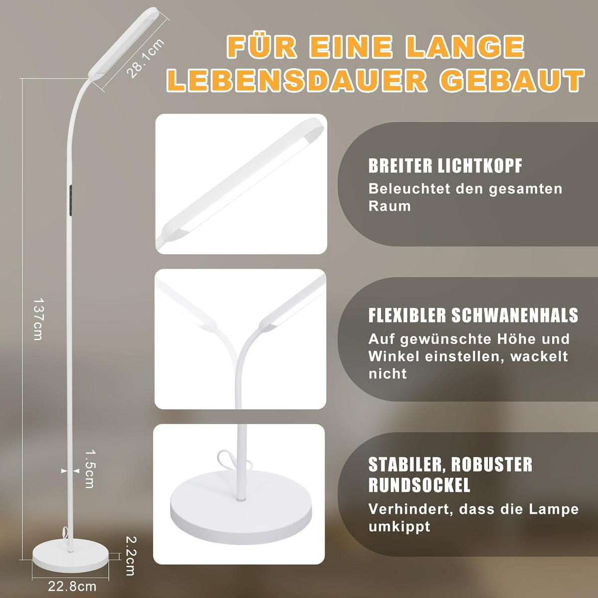 STEHLAMPE Flamar 6.0/137.1/6.0 cm - Weiß, Metall (6/6/137.1cm) - ZMH