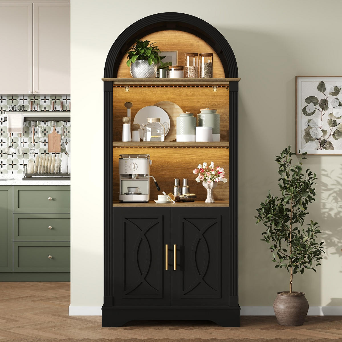 KÜCHENSCHRANK HIGHBOARD SCHWARZ, mit LED-Beleuchtung, Esszimmerschrank mit verstellbaren Regalböden, MDF Schwarz, 76,2/180/40,1 cm - Schwarz, Kunststoff (40/180/76.2cm) - Rolipo