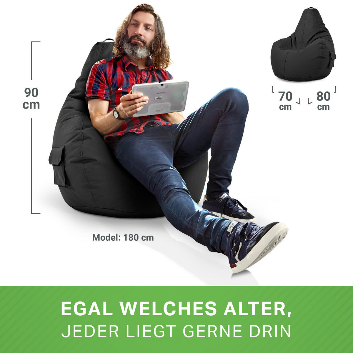 SITZSACK Lounge Chair "Cozy" 80x70x90cm - Schwarz, Textil (70/90/80cm) - Green Bean
