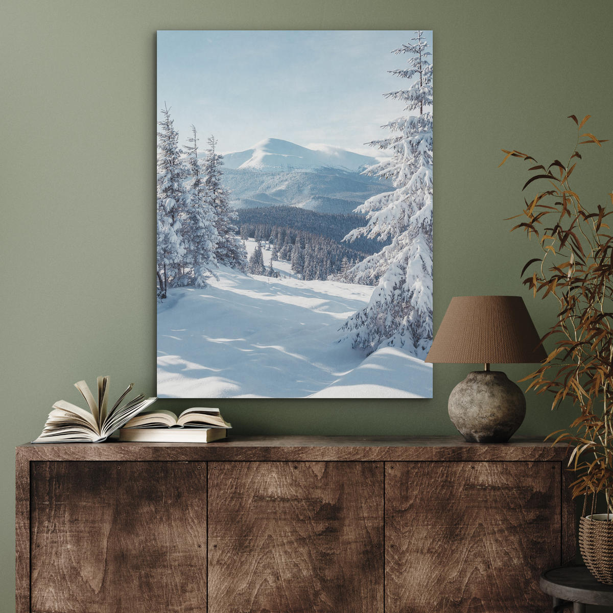 AKUSTIKPANEEL Winterlandschaft - Natur - Berge - Bäume - Schnee 60x80 cm - Hellblau, Textil (60/0.9/80cm) - MuchoWow
