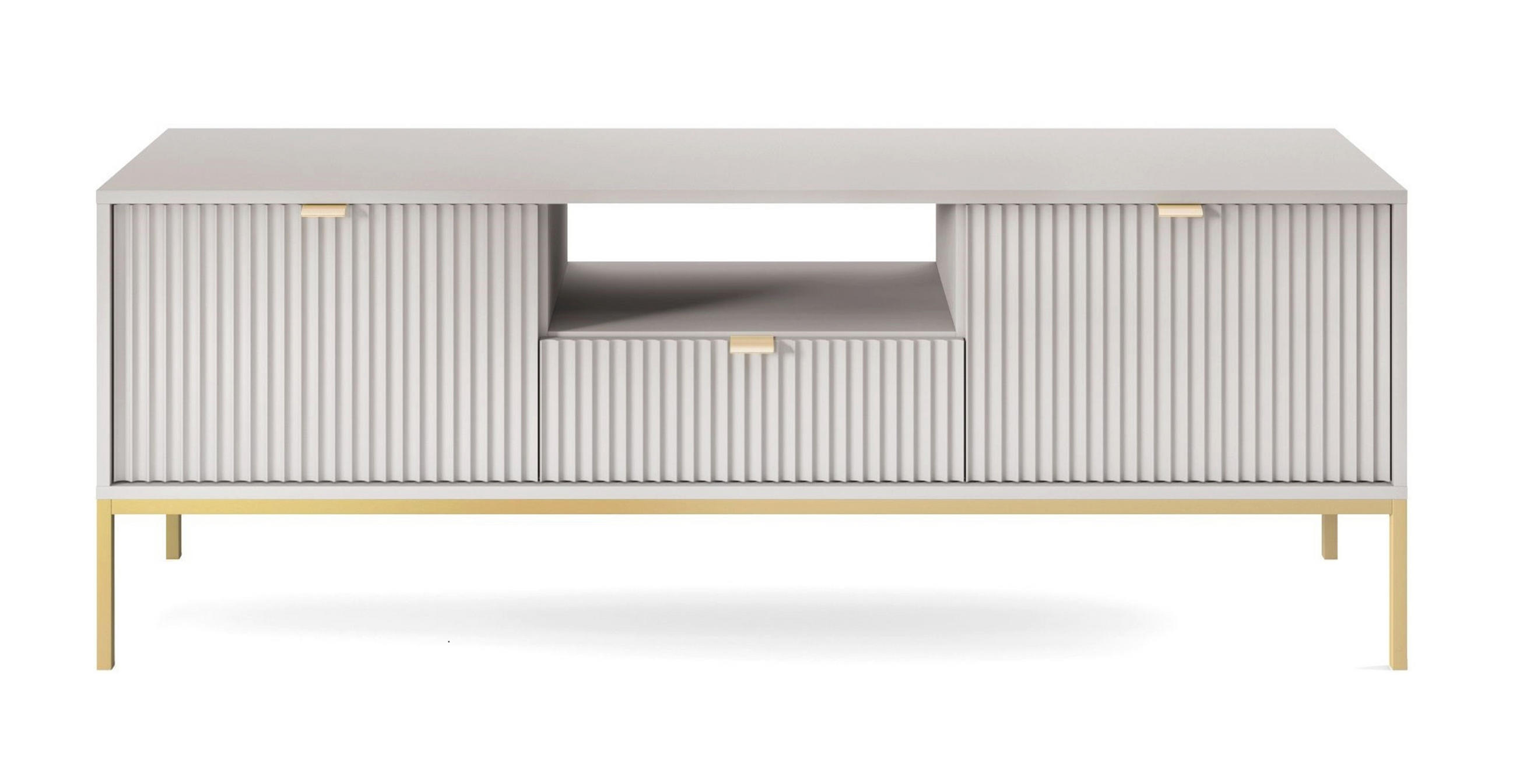 LOWBOARD Eternas 2T 1S Grau 154/56/39 cm – goldene Füße, mit geriffelten Fronten und offener Ablage - Goldfarben/Grau, Holzwerkstoff (154/56/39cm) - AX Living