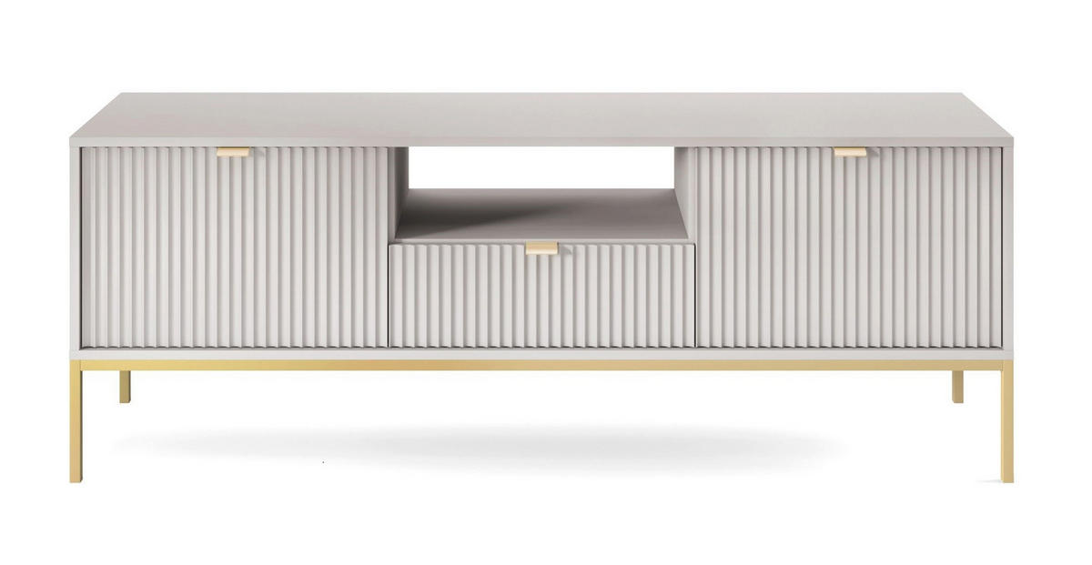 LOWBOARD Eternas 2T 1S Grau 154/56/39 cm – goldene Füße, mit geriffelten Fronten und offener Ablage - Goldfarben/Grau, Holzwerkstoff (154/56/39cm) - AX Living