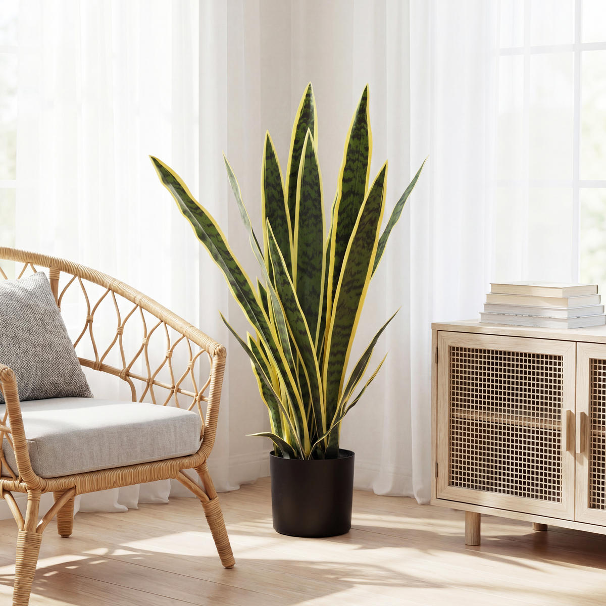 KUNSTPFLANZE, Künstliche Sansevieria, Topf, Ø15x80 cm, realistisch, Grün & Gelb - Multicolor, Kunststoff (77cm) - FORIOUS