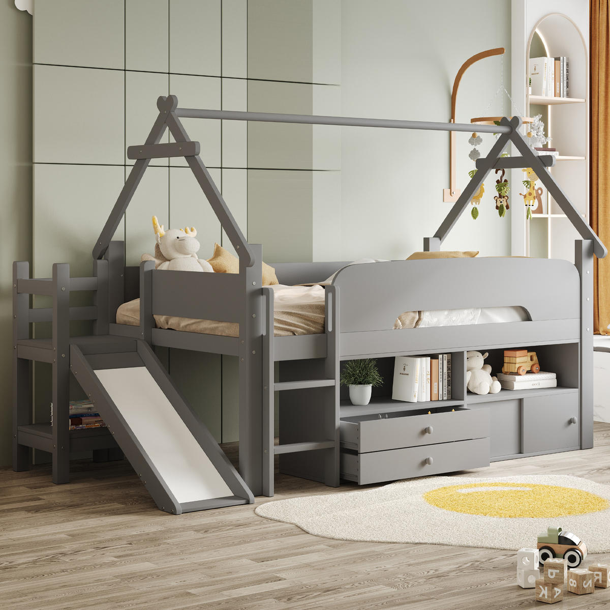 PATROVÁ postel 90/200 cm šedá z masivního dřeva a MDF s výsuvem - šedá, kompozitní dřevo (90/200cm) - OKWISH