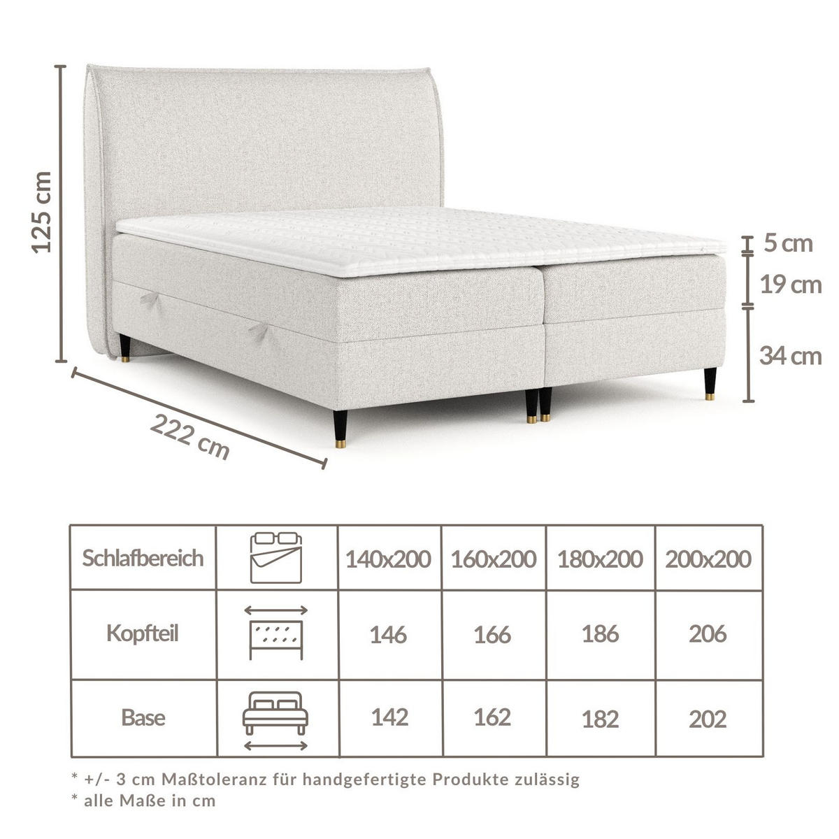 BOXBETT Melba Hellbeige 140/200 cm mit Bonellmatratze - Beige/Schwarz, Holz/Holzwerkstoff (140/200cm) - Maison de Reve