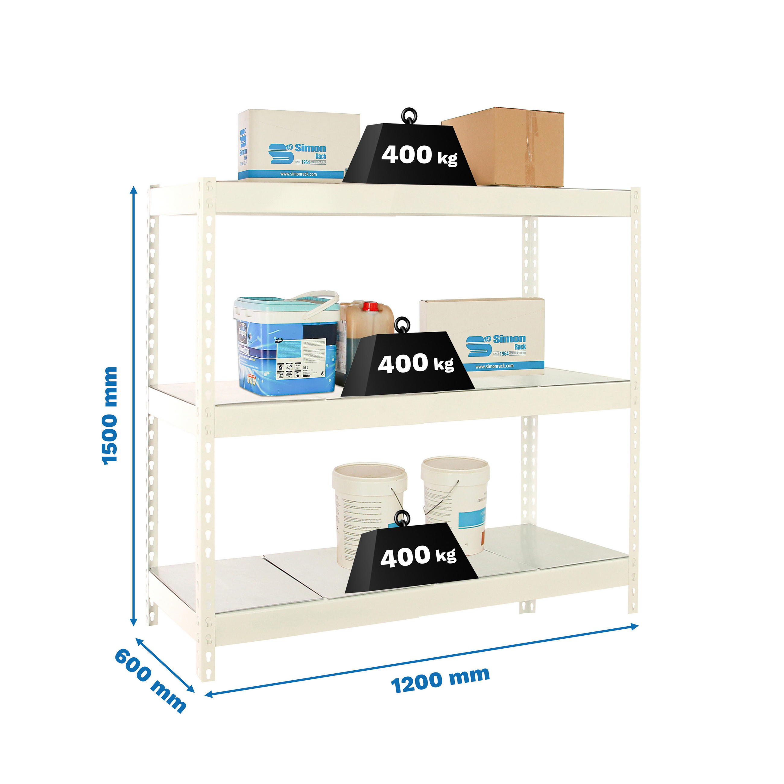 SCHWERLASTREGAL Mid Metal Yeti Three HxBxT 150 x 120 x 60 cm Fachlast 400 kg Weiß - Weiß, Metall (120/150/60cm) - PROREGAL