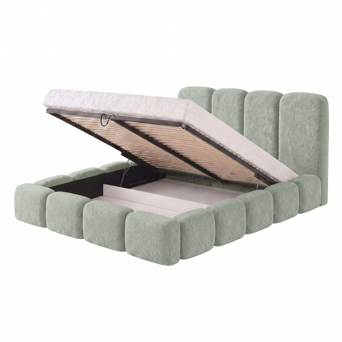 POLSTERBETT SUENO MAXI 160x200 cm in Mintgrün, gepolstertes Kopfteil, Metalllattenrost, Bettkasten, Bouclé-Stoff - Naturfarben/Mintgrün, Holz/Textil (160/200cm) - Muffo